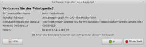 Abbildung 3: Die neue Paketquelle ist dem System noch nicht bekannt, beim ersten Zugriff muss der Admin deshalb die Echtheit der Signatur bestätigen.