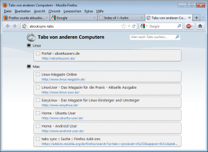 Abbildung 4: Firefox-Sync hat ein praktisches Feature im Gepäck – es zeigt auf allen angeschlossenen Geräten die geöffneten Tabs an. Ein Doppelklick holt die Seite in den lokalen Browser.