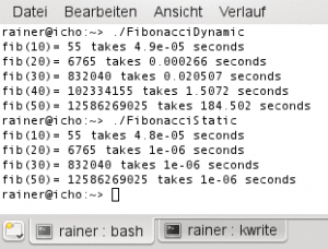 Abbildung 5: Vergleich der Laufzeit- und der Compilezeit-Umsetzung des Fibonacci-Algorithmus.