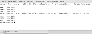 Abbildung 6: Das Übersetzen von Template-Programmen benötigt nicht zwangsläufig mehr Zeit: Compilezeit-Vergleich der verschiedenen Fibonacci-Implementierungen.