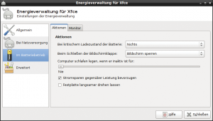 Abbildung 7: Die Energieverwaltung von XFCE dient auch LXDE zur Steuerung des Batteriebetriebs. Die Optionen sind nicht so umfangreich wie bei KDE, aber ausreichend.
