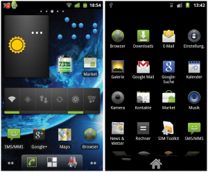 Abbildung 7: Android-Open-Source-Project-ROMs im Einsatz: Oben Cyanogenmod, unten der Launcher von Oxygen. Die beiden wohl populärsten AOSP-ROMs unterscheiden sich optisch nur wenig von Standard-Androiden.