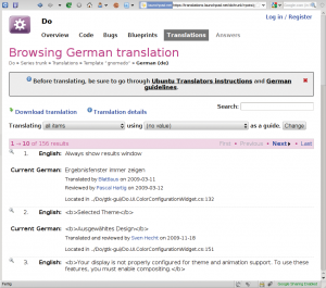 Abbildung 8: Auch das gibt es nur bei Launchpad: Mit der grafischen Schnittstelle zu GNU Gettext beteiligen sich sprachbegabte Besucher ohne Entwicklerhintergrund an der Übersetzung.