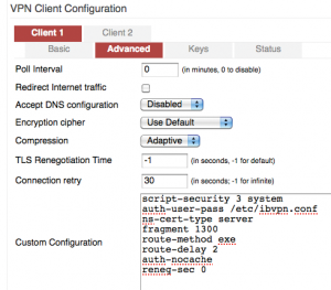 Abbildung 9: Die Tomato-USB-Firmware auf dem Linksys-Router definiert einen Open-VPN-Client, der angeschlossenen Wireless-Clients eine WAN-Adresse in einer anderen Geolocation verpasst.
