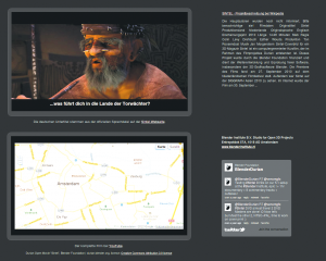 Abbildung 1: Verschiedene Popcorn-Elemente in Aktion: Oben links erscheint das Video mit deutschen Untertiteln, darunter die Google-Maps-Karte mit dem Blick auf die Location. Rechts ist Platz für einen Wikipedia-Artikel und die Twitter-Timeline der Filmemacher.