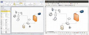 Abbildung 1: Ein Diagramm mit Netzwerkstrukturen – einmal in MS Visio (oben) und in Libre Office Draw (unten): Die feinen Linien und die Details der Symbole sehen nach dem Import unverändert aus. Somit ist es nun erstmals möglich, VSD-Dokumente von Windows-Nutzern unter Linux zu öffnen.