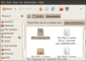 Abbildung 3: Die Datei &raquo;My Clippings.txt&laquo; im Ordner &raquo;documents&laquo; auf dem Kindle speichert die angestrichenen Stellen im Textformat.
