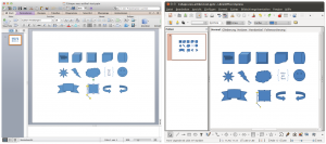 Abbildung 3: Das Testdokument sieht in Powerpoint (oben) genauso aus wie in Impress (unten). Alle Formen importiert das Präsentationstool klaglos.