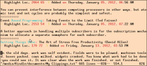 Abbildung 4: Textstellen, die der Leser angestrichen hat, erscheinen in der Datei &raquo;My Clippings.txt&laquo; im Dateisystem des Kindle-Readers.