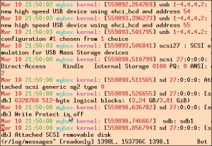 Abbildung 7: Beim Einstöpseln des Kindle in den Ubuntu-Rechner erscheinen Meldungen des USB-Subsystems in der Logdatei &raquo;/var/log/messages&laquo;.