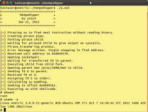 Abbildung 1: Angriff mit Live-Kommentar: Ungepatchte Kernel, hier Version 3.0.0-12 in Ubuntu Oneiric, trickst der Mempodipper-Exploit von Jason Donenfeld ohne Weiteres aus.