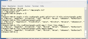 Abbildung 1: Interaktiv eingegebener Ruby-Code verarbeitet die Zeilen einer Textdatei.