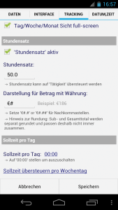 Abbildung 11: Die Android-App Zeiterfassung erlaubt ein genaues Feintuning und nimmt auch den eigenen Stundensatz sowie Sollarbeitszeiten pro Tag, Woche und Monat entgegen.
