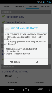 Abbildung 13: Die Zeiterfassung-App importiert Daten von der SD-Karte des Handys. Der Abgleich mit dem Onlinespeicher Dropbox ist nur über eine zusätzliche App möglich.
