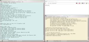 Abbildung 3: Links die Picocom-Konsole auf dem Gnublin-Board mit den letzen Bootmeldungen des ELDK-Linux, rechts die Netzwerkkonfiguration auf dem Steuer-PC. Oben rechts zeigt ein Browserfenster den erfolgreichen Zugriff auf den Lighttpd-Webserver, der auf dem Gnublin-Board läuft.