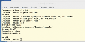 Abbildung 3: Mit Rubys Sockets ist in nur wenigen Zeilen ein Skript geschrieben, das eine Webseite aufruft.