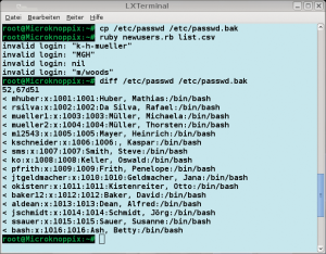 Abbildung 4: Mit Ruby kann der Administrator eigene Tools zur Systemverwaltung programmieren. Hier hat das Skript Benutzerkonten angelegt, die es aus einer CSV-Datei gelesen hat.