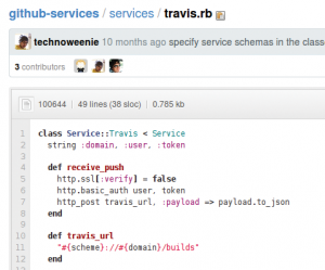 Abbildung 5: Der in Ruby geschriebene Service-Hook alarmiert die Travis-Website, falls ein Entwickler neuen Code ans Github-Projekt geschickt hat.