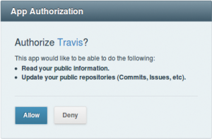 Abbildung 6: Travis-ci.org möchte Admin-Zugang zu allen Repositories des Users erhalten, um dort jeweils den Service-Hook zu installieren.