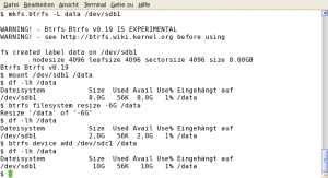 Abbildung 2: Btr-FS schrumpft und wächst: Der Admin kann das Dateisystem um 6 GByte verkleinern und anschließend einen 8 GByte großen Datenträger hinzufügen.