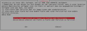 Abbildung 1: Clonezilla bietet zwei Modi an. Um das Image einer Platte oder Partition zu erstellen, wählen Anwender &raquo;device-image&laquo; aus. Dagegen ist &raquo;devive-device&laquo; das Mittel der Wahl, wenn ein Umzug auf eine größere Festplatte ansteht.