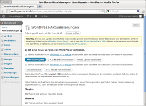 Abbildung 10: Auf Aktualisierungen des CMS selbst, seiner Plugins, Widgets und Themes macht WordPress deutlich aufmerksam. Damit das automatische Update aus dem Dashboard heraus klappt, braucht das System einen FTP-Server.