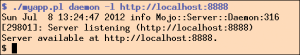 Abbildung 1: Im Beispiel startet der Programmierer die Mojolicious-Applikation auf Port 8888 des lokalen Rechners.