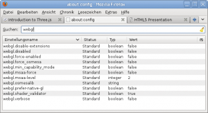 Abbildung 1: Die Web-GL-Einstellungen finden sich beim Browser Firefox unter »about:config«.