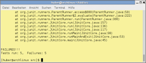 Abbildung 2: Der Programmierer hat noch viel zu tun. Alle fünf Tests der Suite schlagen zunächst fehl.