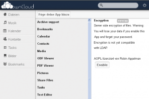 Abbildung 2: Owncloud unterstützt seit Version 4 auch das automatische Verschlüsseln von Dateien.
