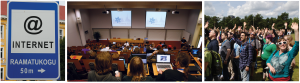 Abbildung 3: Verkehrsschilder weisen den Weg zu einem der unzähligen freien Wifi-Hotspots Estlands. Die brauchen die Besucher der Akademy im großen Hörsaal des Estonian IT-College nicht, hier gibt es zwei Ethernet-Ports und Stromanschluss an jedem Sitz. Rechts winken die Akademy-Besucher beim traditionellen Gruppenfoto.