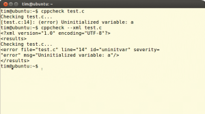 Abbildung 4: Cppcheck nennt immer nur den ersten Fehler im Programm, gibt diesen auf Wunsch aber auch im XML-Format aus.