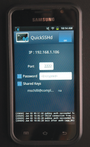 Abbildung 5: Die App Quick SSHd startet einen SSH-Server, der per »scp« die Mobi-Datei im Kindle-Verzeichnis speichert.
