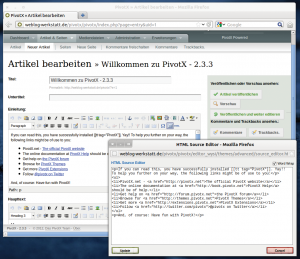 Abbildung 5: Pivot X setzt auf den Wysiwyg-Editor Tiny MCE. Ein Klick auf den HTML-Knopf zeigt den Quellcode von Seiten und Artikeln in einem Popup-Fenster.