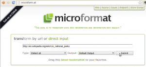 Abbildung 3: Die Webapplikation auf Microform.at nimmt die URL der Wikipedia-Seite entgegen, extrahiert die Microformat-Informationen und formatiert sie als XML.