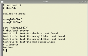 Abbildung 1: Die Dash kennt keine Arrays. Die Bash dagegen akzeptiert sie auch als »/bin/sh«.