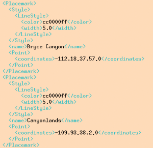 Abbildung 2: Die von Microform.at generierte XML-Datei enthält die Daten der Mikroformate aus der Wiki-Seite zu den amerikanischen Nationalparks.