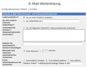 Abbildung 3: Hinter dem Usermin-Modul »E-Mail-Weiterleitung« verbirgt sich auch eine Eingabemaske für die Urlaubsvertretung.