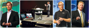 Abbildung 3: Von oben nach unten: Suses CEO Nils Brauckmann nennt in seiner Keynote Zahlen und Ziele, Intels Dirk Hohndel beteuert die gute Kooperation bei der Unterstützung der Hardware, Doug Balog von IBM preist die Vorzüge von Suse auf Z-Series.