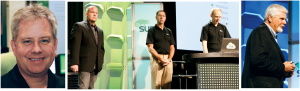Abbildung 4: Videos mit Commitments, Referenzkunden und viel lauter Musik, dazu der frischgebackene Open-Stack-Chairman Alan Clark (oben) und Dells Executive Director John Igoe (unten) auf der Susecon. In der Mitte Michael Miller und Mitglieder des Suse-Cloud-Teams, die innerhalb von Minuten eine Cloud-Demo aufsetzten.