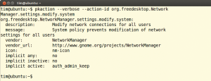 Abbildung 5: Hier verrät &raquo;pkaction&laquo;, dass die Aktion &raquo;org.freedesktop.NetworkManager.settings.modify.system&laquo; es allen Benutzern gestattet, die Netzwerkeinstellungen über den Network Manager zu ändern. Ganz unten in der Ausgabe finden sich noch die voreingestellten Berechtigungen.