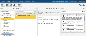 Abbildung 5: Wer unter Zarafa eine E-Mail öffnet, die auf einen Twitter-Account verweist, dem zeigt das Twidget-Plugin (hier ganz rechts im Bild) die dortigen Tweets an.