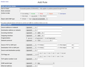 Abbildung 8: Das Webmin-Modul für die »Linux-Firewall« überfordert den Benutzer mit seinen vielen Optionen. Details wie die TCP-Flags und -Optionen verwirren einen Desktop-User mehr, als sie helfen.