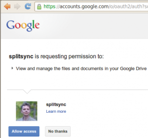 Abbildung 8: Google fragt seinen Benutzer, ob er der Perl-Applikation »splitsync« Zugriff auf seine Drive-Dateien einräumen will.
