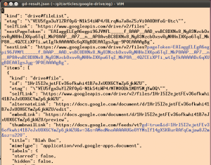Abbildung 9: Die Json-Daten mit auf Google Drive gespeicherten Dokumenten, die das Google-API auf eine Datei-Listing-Anfrage zurückschickt.