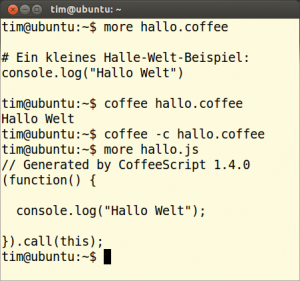 Abbildung 1: Zunächst führt der Interpreter das Skript &raquo;hallo.coffee&laquo; aus, dann übersetzt es der Compiler in Javascript-Code.