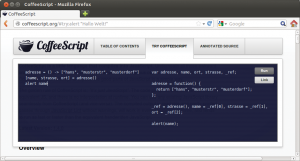 Abbildung 2: Die Coffeescript-Konsole im Browser: Die Elemente des von »adresse()« zurückgelieferten Array landen jeweils in den Variablen »name«, »straße« und »ort«.