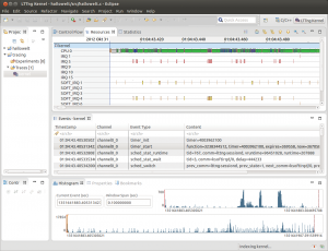 Abbildung 5: LTTng arbeitet über ein Plugin mit Eclipse zusammen. Im Test hat der Debugger zunächst ein paar Sekunden den Kernel belauscht, Eclipse zeigt hier den entstandenen Trace an.