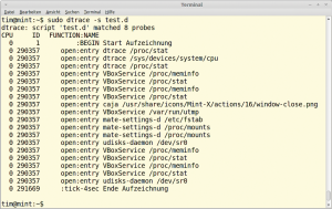 Abbildung 7: Dtrace garniert die Skriptausgaben mit weiteren Informationen und packt sie in eine Art Tabelle. Der Output steht in der rechten Spalte.
