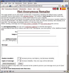 Abbildung 1: Der Riot Anonymous Remailer sendet E-Mail anonym an den Empfänger. Die Verbindung zum Webserver ist bereits verschlüsselt, danach verwischen mehrere Mixe die Spuren des Absenders.